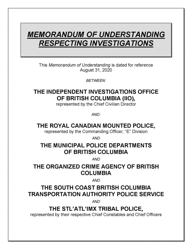 MOU Cover | Independent Investigations Office Of BC, IIO, IIOBC